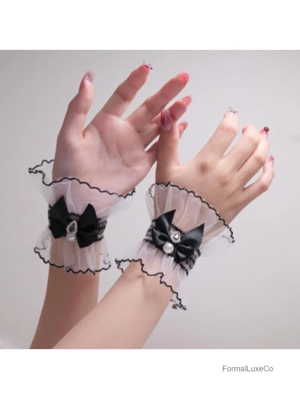 Lace Wrist Cuff Gloves with Pearl Rhinestone Bow - Wedding Party Accessory